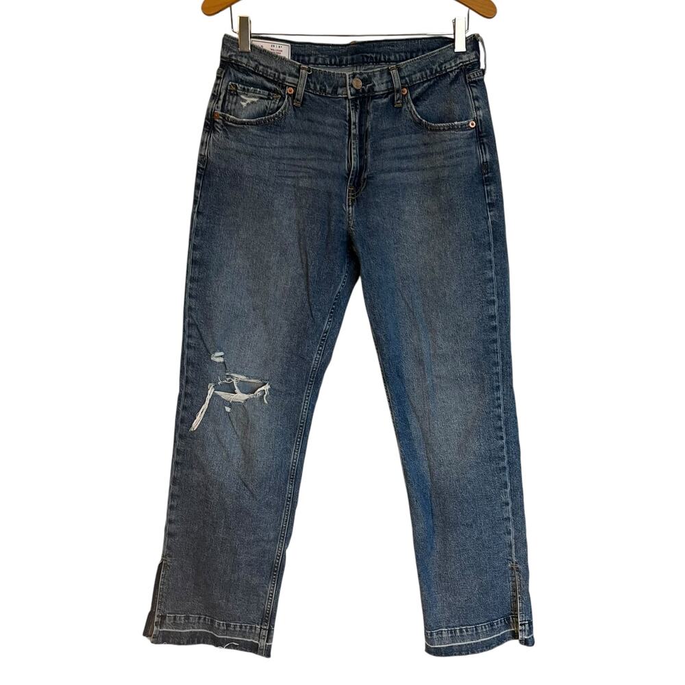 Gap Mid Rise 90s Loose Jeans Distress Straight Split Leg Raw Hem Blue Denim 8/29